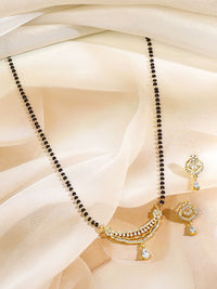 Rubans 18K Gold-Plated Zirconia Zirconia Studded Bar Curved With Black Beads Mangalsutra Set