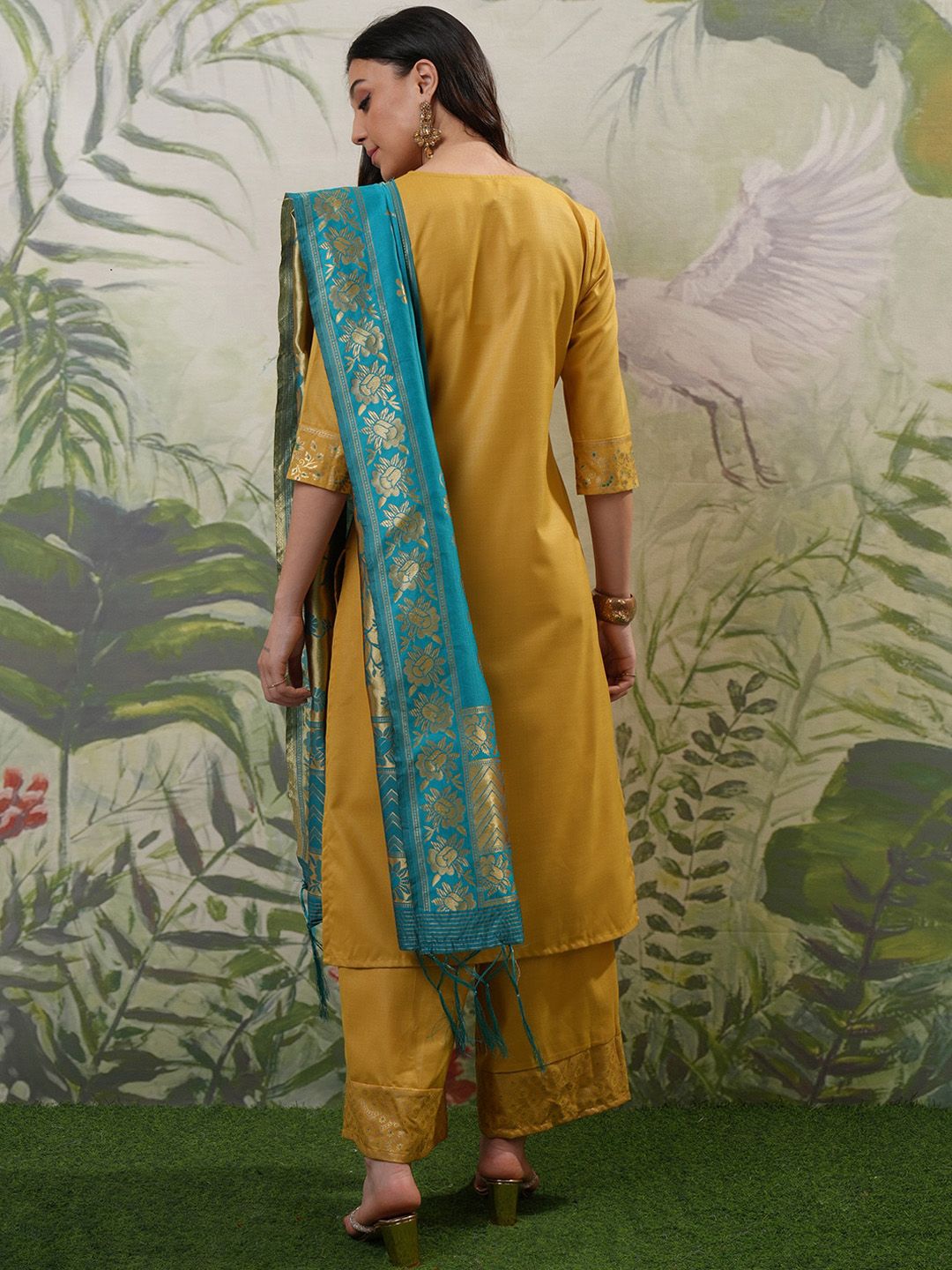 Vishudh Yellow Floral Printed Regular Kurta with Palazzo & Dupatta