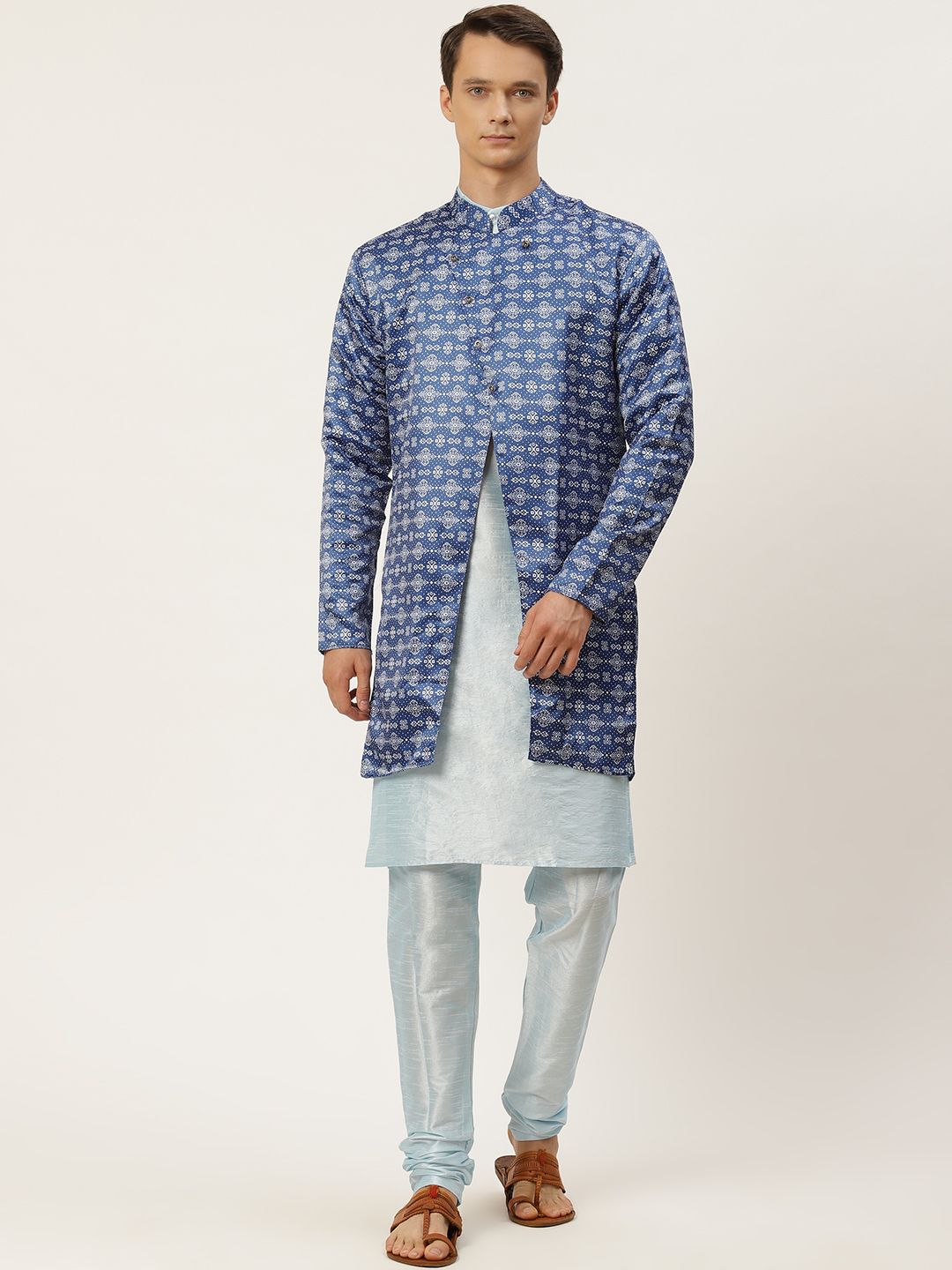SOJANYA Men Turquoise Blue Kurta with Churidar & Jacket