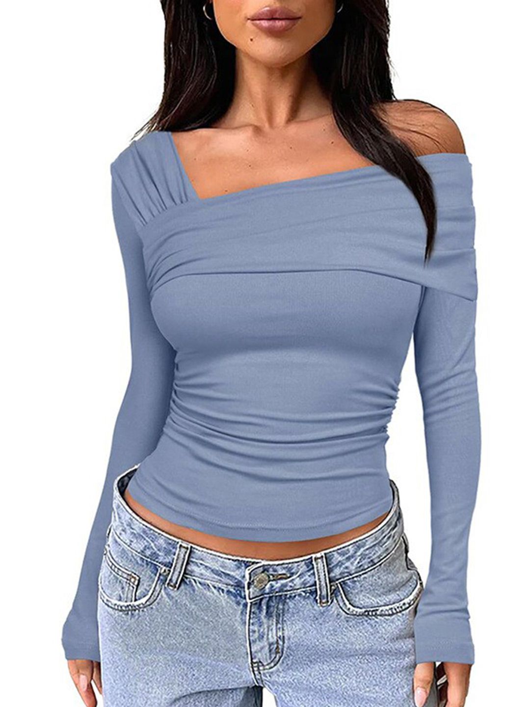 all about you Blue Asymmetric Neck Gathered Detailed Fitted Crop Top