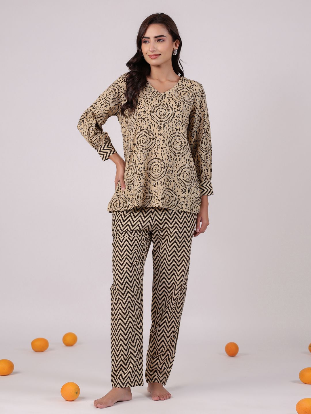 SANSKRUTIHOMES Printed V-Neck Pure Cotton Top With Trouser