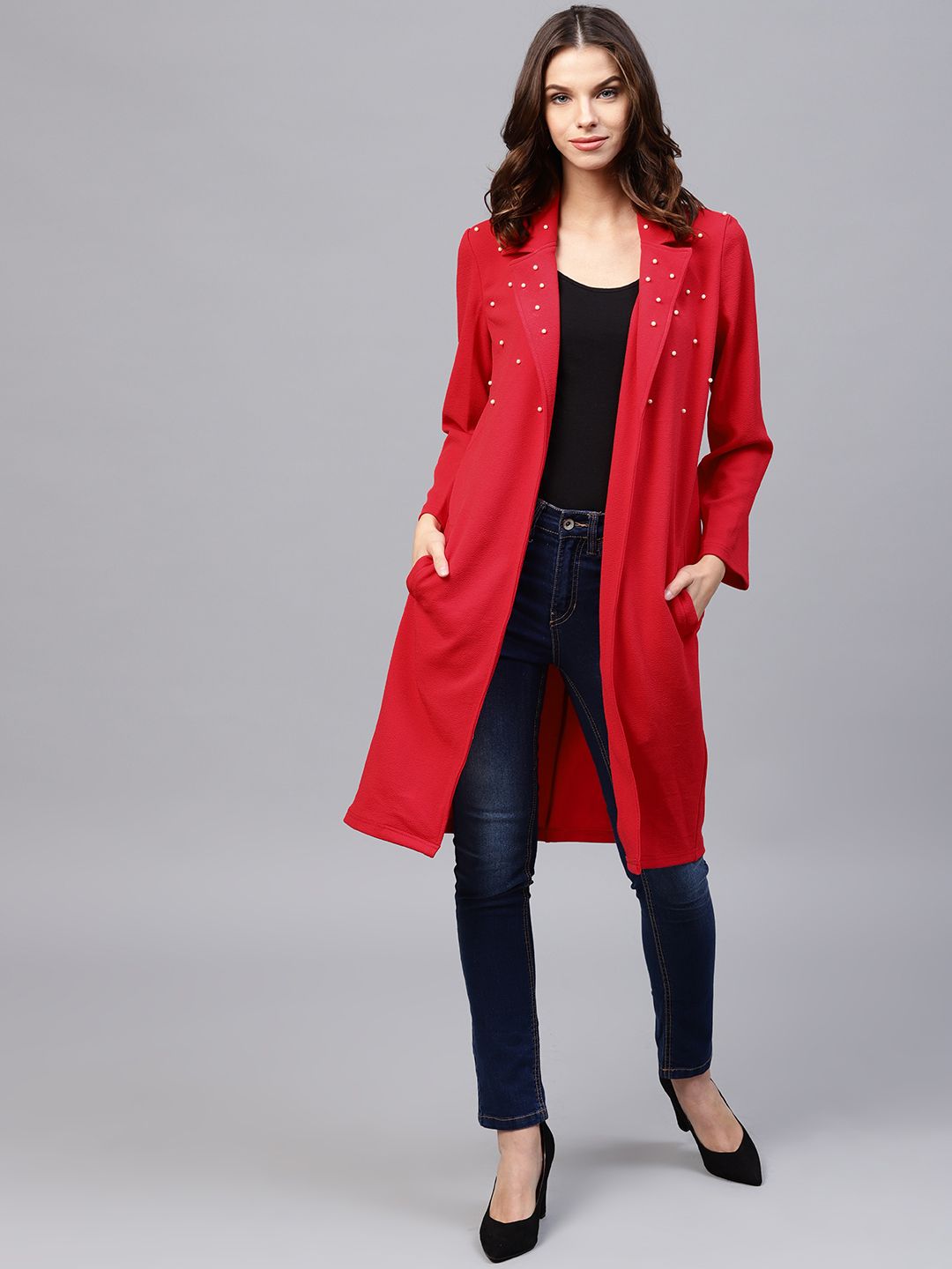 Athena Red Solid Longline Open Front Shrug