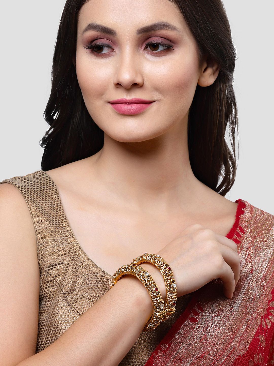 KARATCART Set Of 2 Gold-Plated White & Red Kundan-Studded Temple Bangles