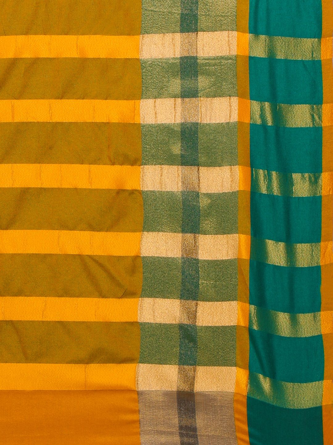 Saree mall Mustard & Green Silk Cotton Colourblocked Kanjeevaram Saree