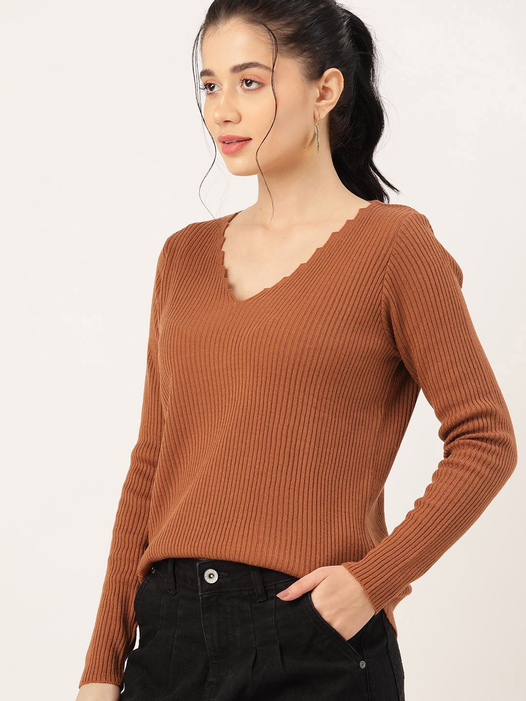DressBerry Women V-Neck Ribbed Pullover