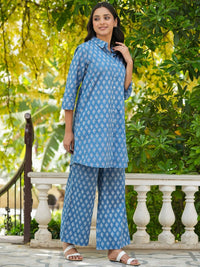 SANSKRUTIHOMES Blue Printed Pure Cotton Shirt with Lounge Pants