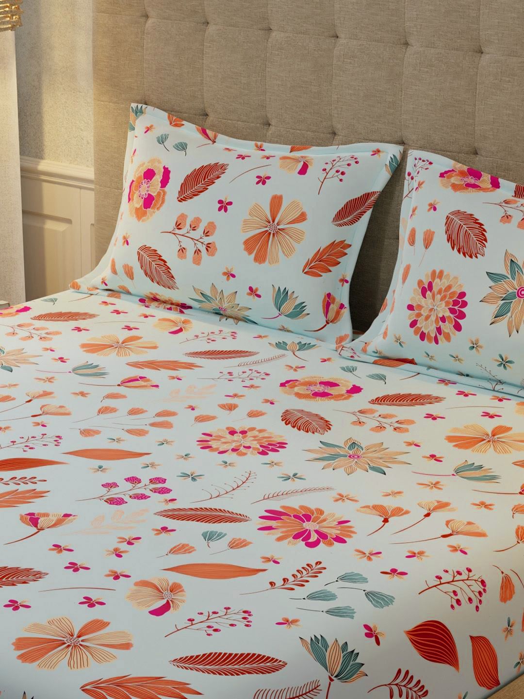 URBAN SPACE Florence Sky Blue 200 TC Floral Queen Bedsheet