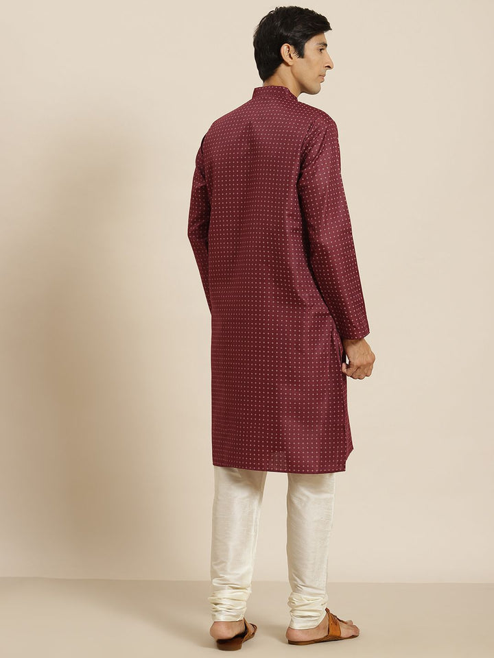 SOJANYA Men Maroon & Cream-Coloured Geometric Print Cotton Linen Straight Kurta