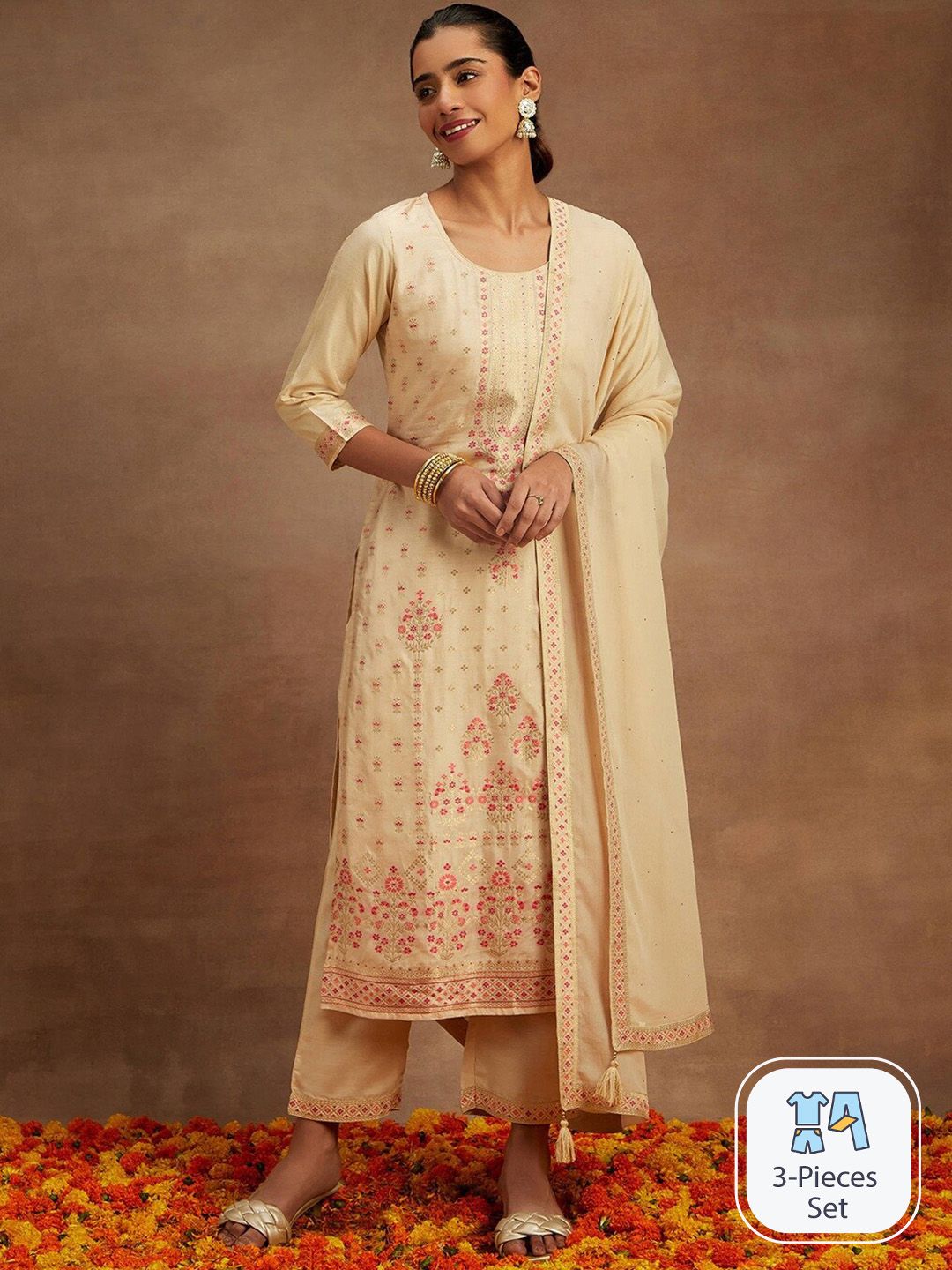 Libas Beige Floral Woven Design Kurta with Trousers & With Dupatta