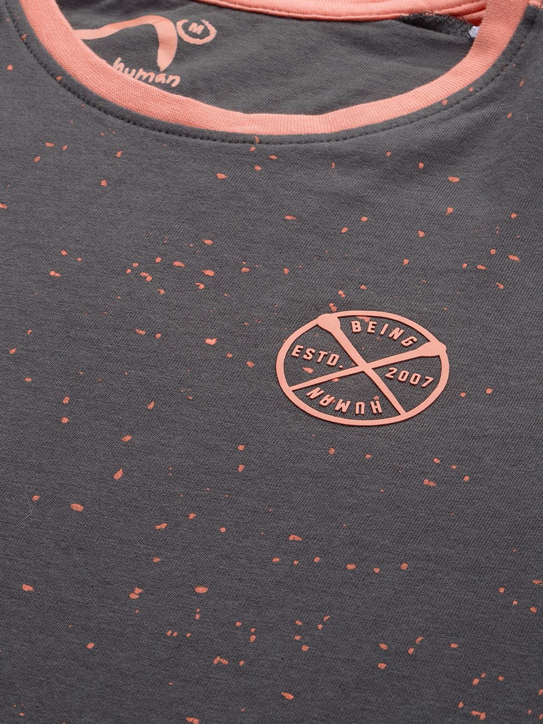 Being Human Men Charcoal & Peach-Coloured Colourblocked Pure Cotton T-shirt