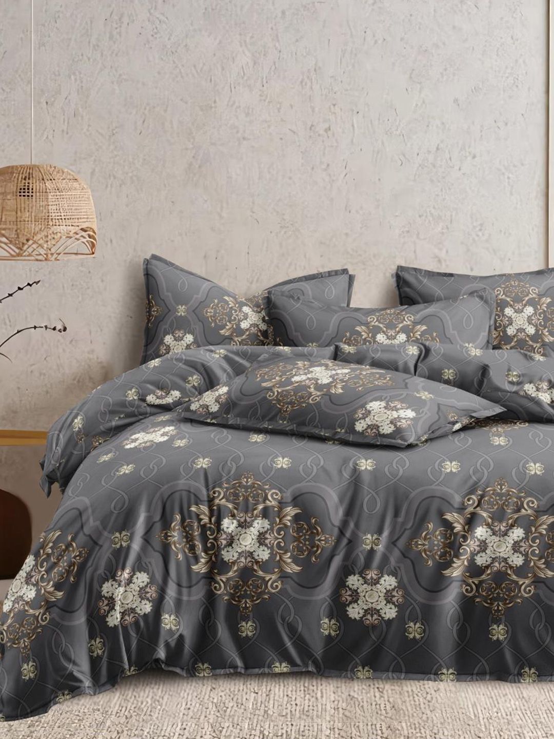 Cortina Glazed Cotton Grey Damask 140 TC King Bedsheet with 2 Pillow Covers