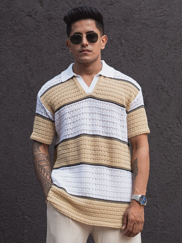 Powerlook Men Striped Polo Collar Pockets T-shirt