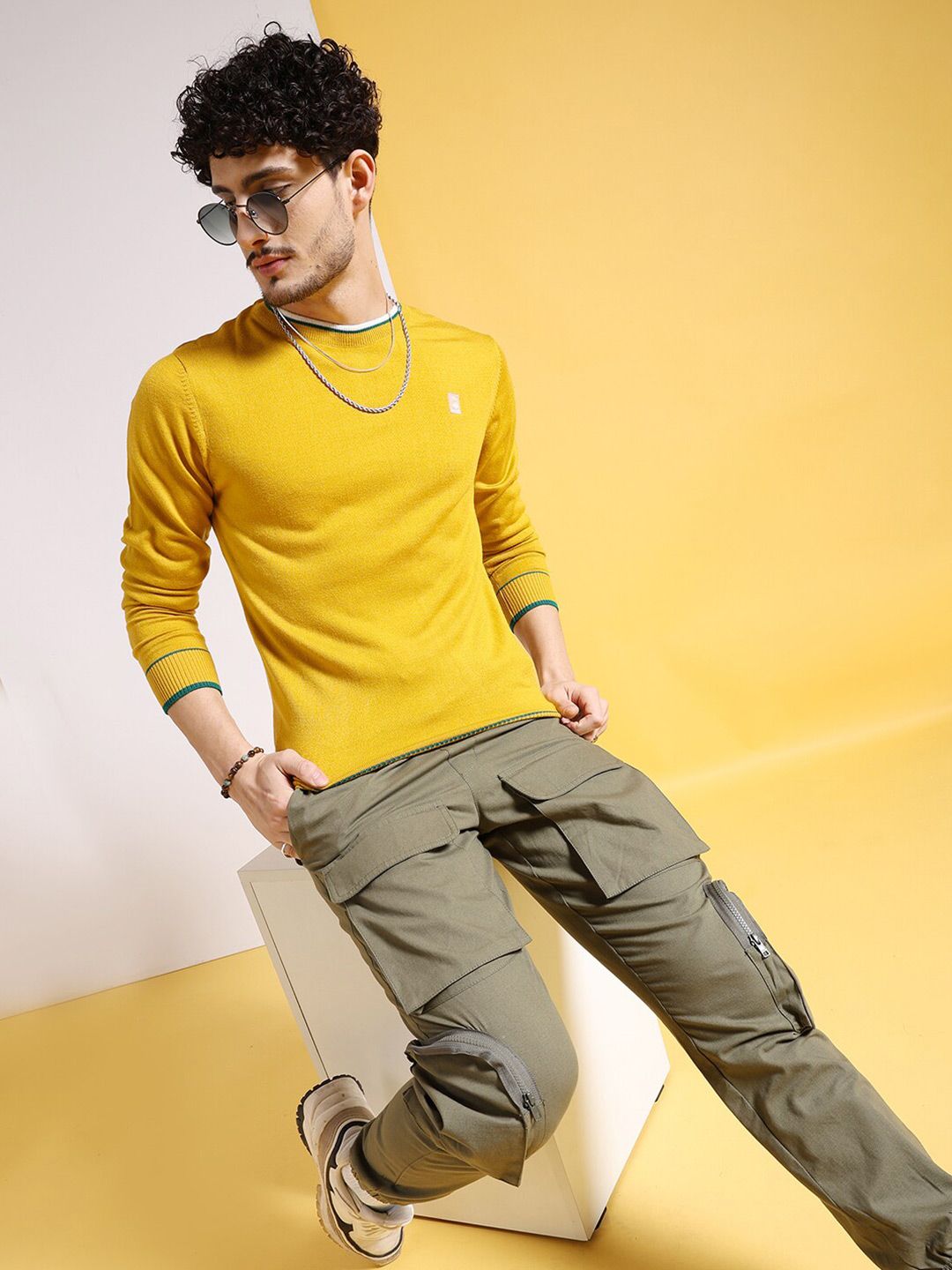 The Indian Garage Co Mustard Yellow Round Neck Acrylic Pullover