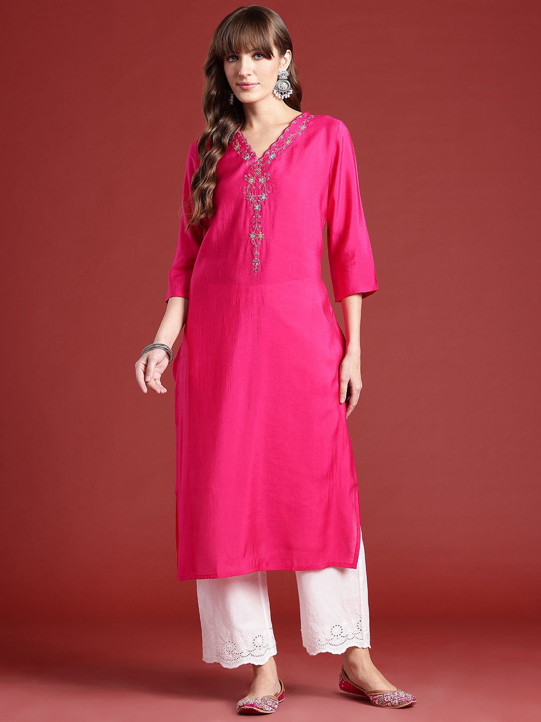 Anouk Floral Embroidered V-Neck Beads & Stones Studded Straight Kurta