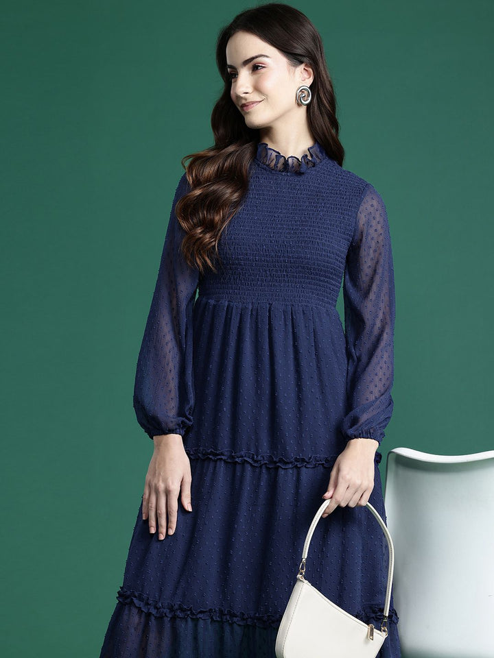 DressBerry Schiffli Smocked Tiered A-Line Midi Dress