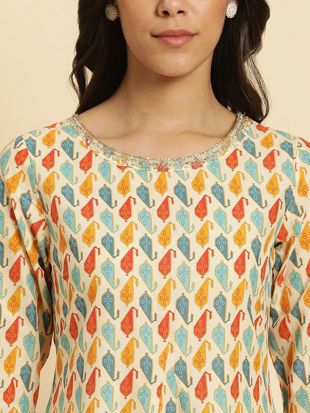 W Ethnic Motifs Printed Thread Work Pure Cotton A-Line Kurta