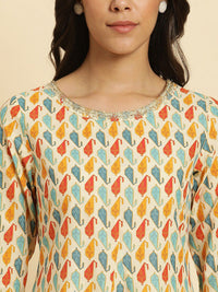 W Ethnic Motifs Printed Thread Work Pure Cotton A-Line Kurta