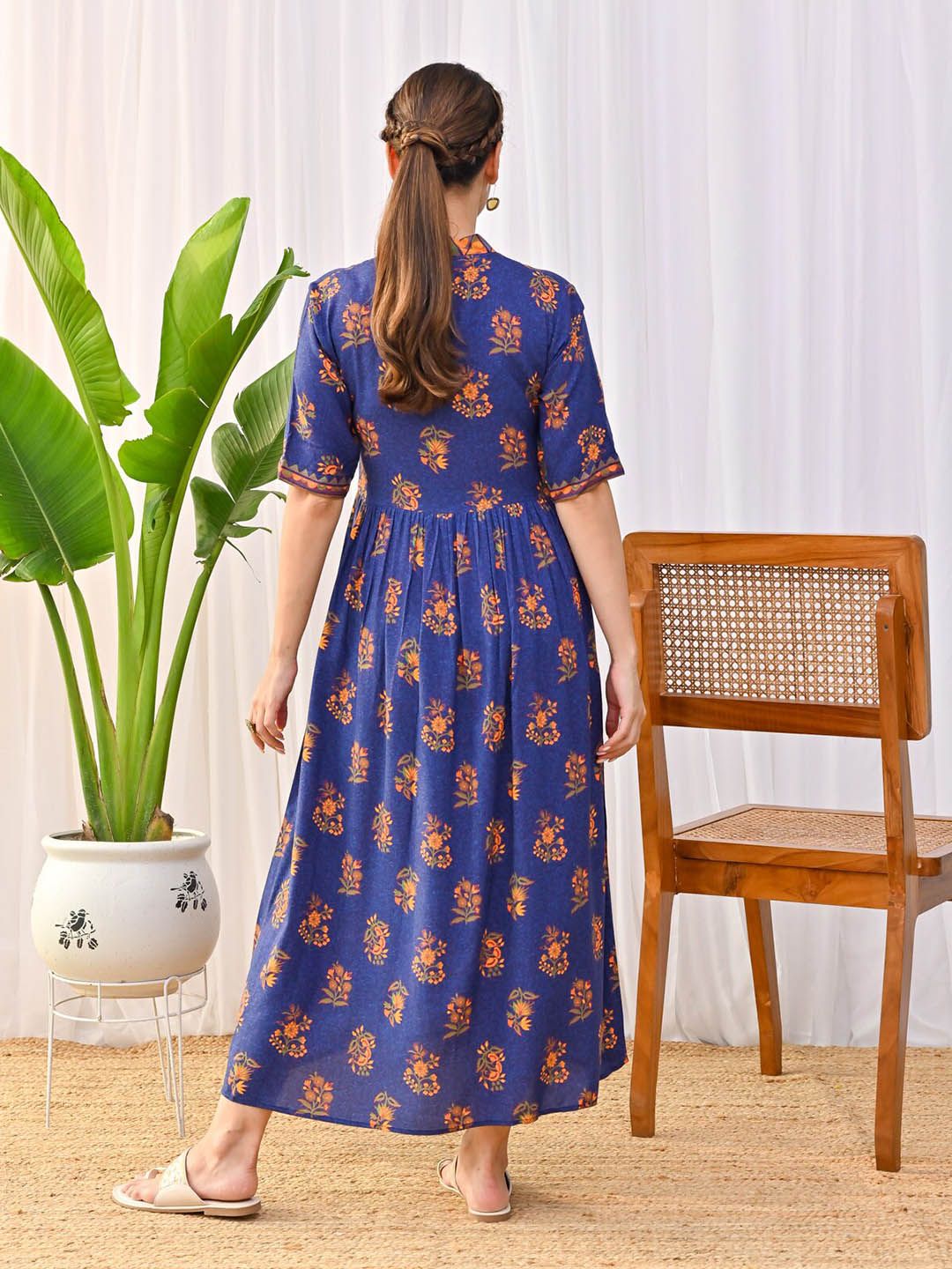 Rustorange Floral Printed V-Neck Gathered A-Line Midi Ethnic Dress