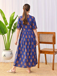 Rustorange Floral Printed V-Neck Gathered A-Line Midi Ethnic Dress