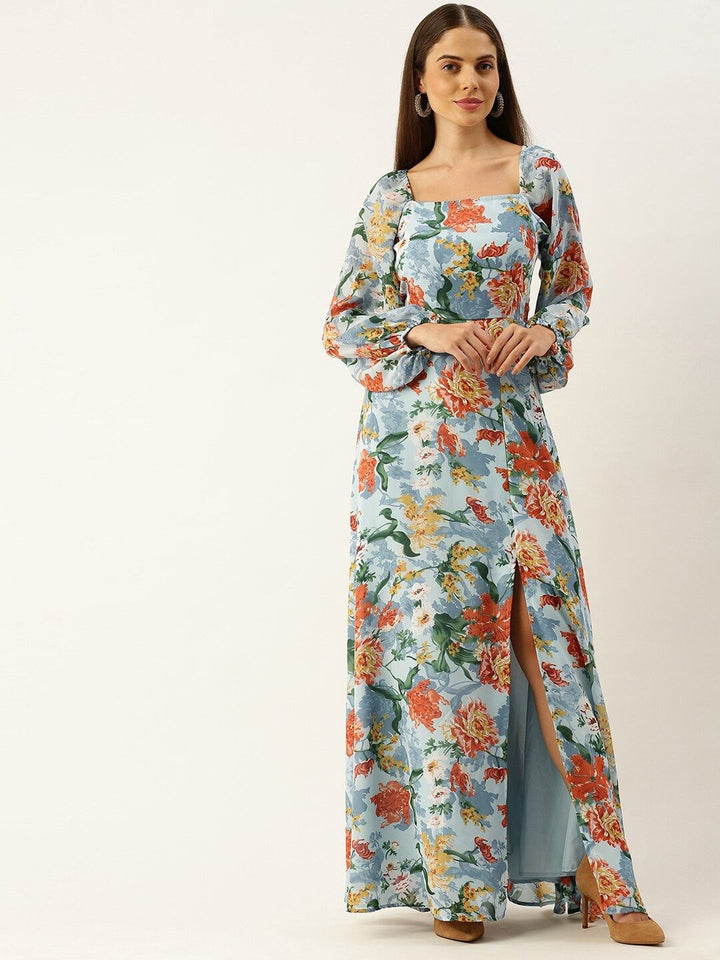 Berrylush Women Blue & Orange Printed Maxi Dress with High Slit Detail