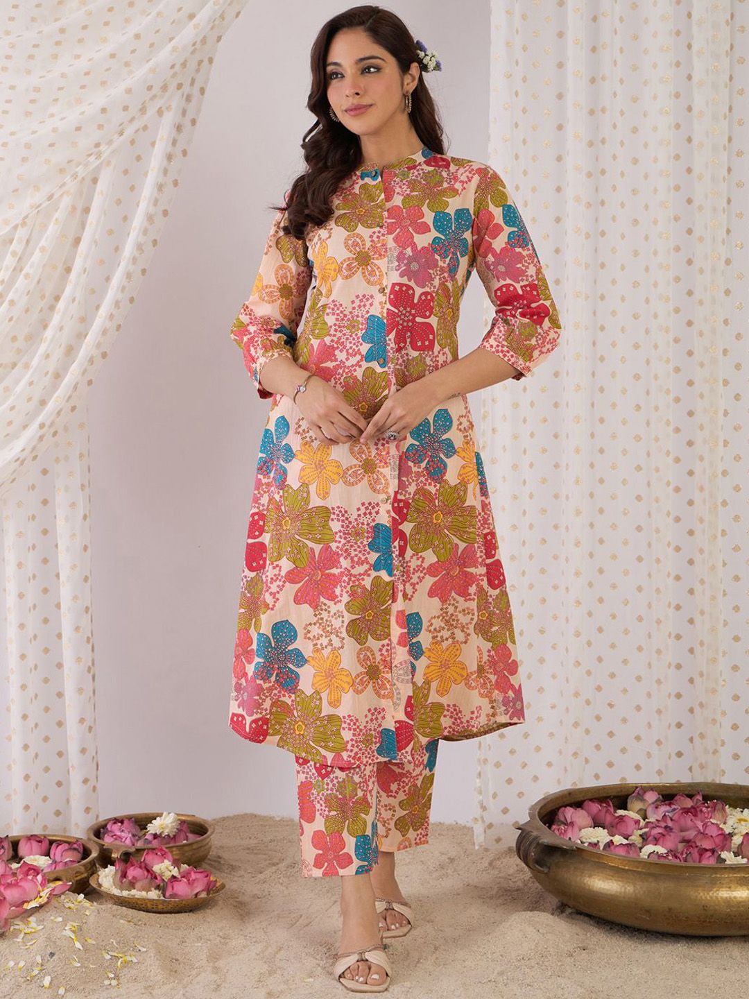 Indo Era Floral Printed Mandarin Collar Pure Cotton A-Line Kurta With Trouser
