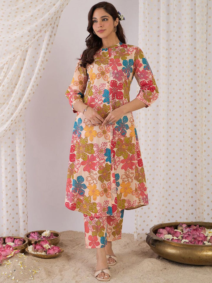 Indo Era Floral Printed Mandarin Collar Pure Cotton A-Line Kurta With Trouser