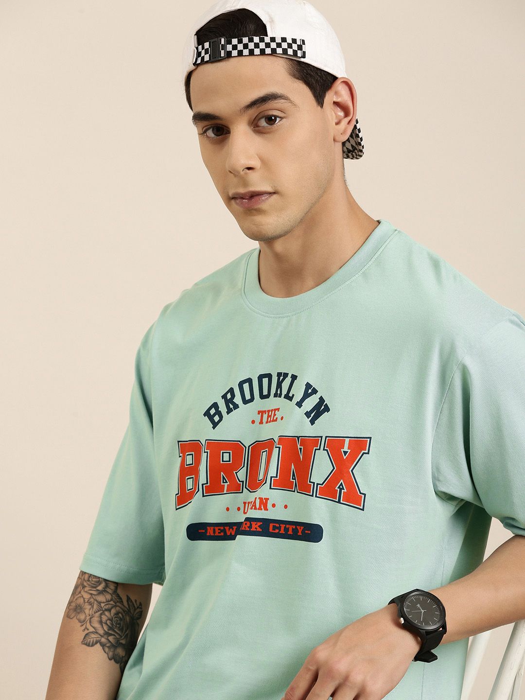 DILLINGER Men Sea Green Typography Printed Pure Cotton Oversized  T-shirt