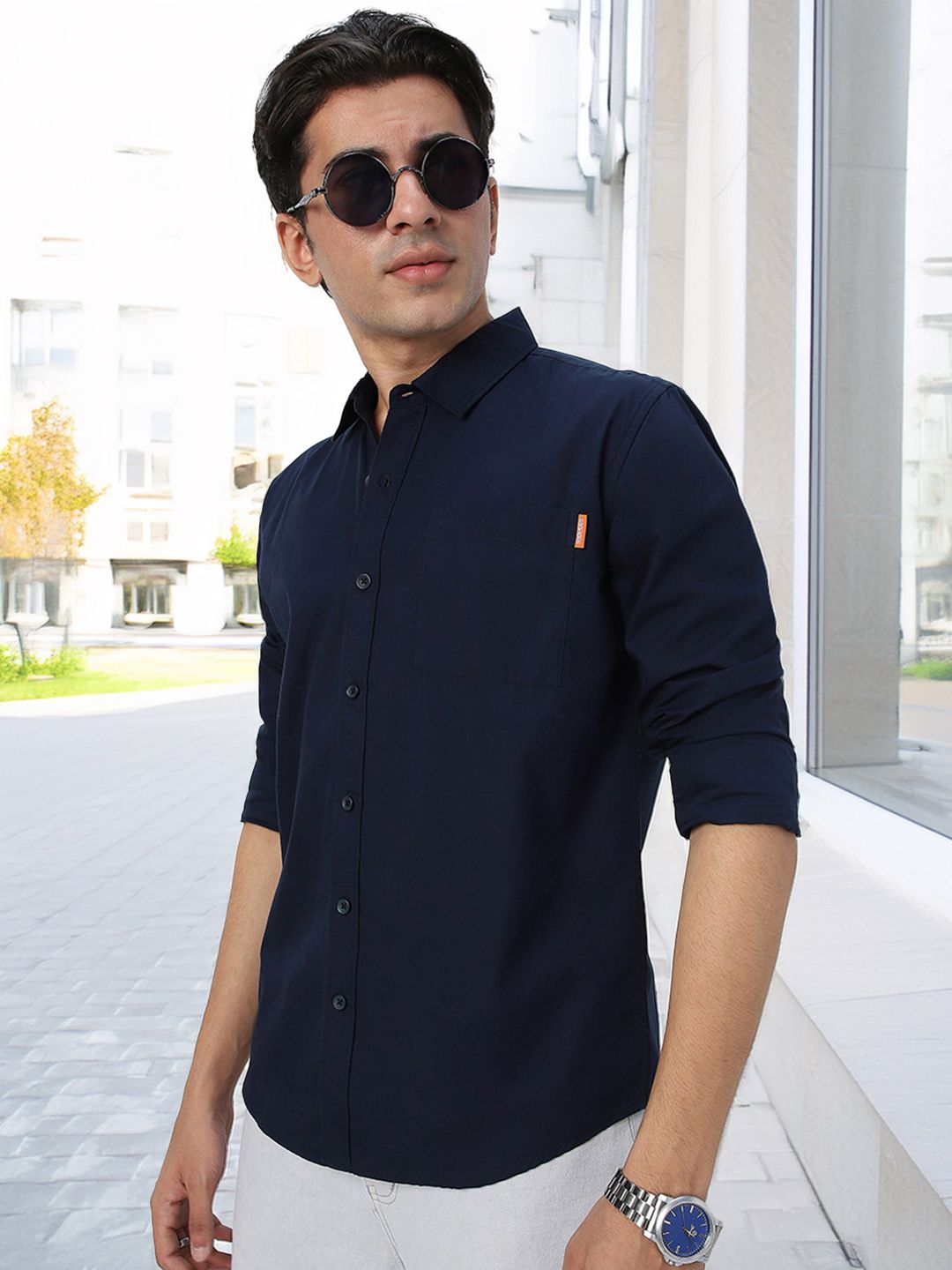 Urbano Fashion Men Spread Collar Solid Cotton Casual Shirt