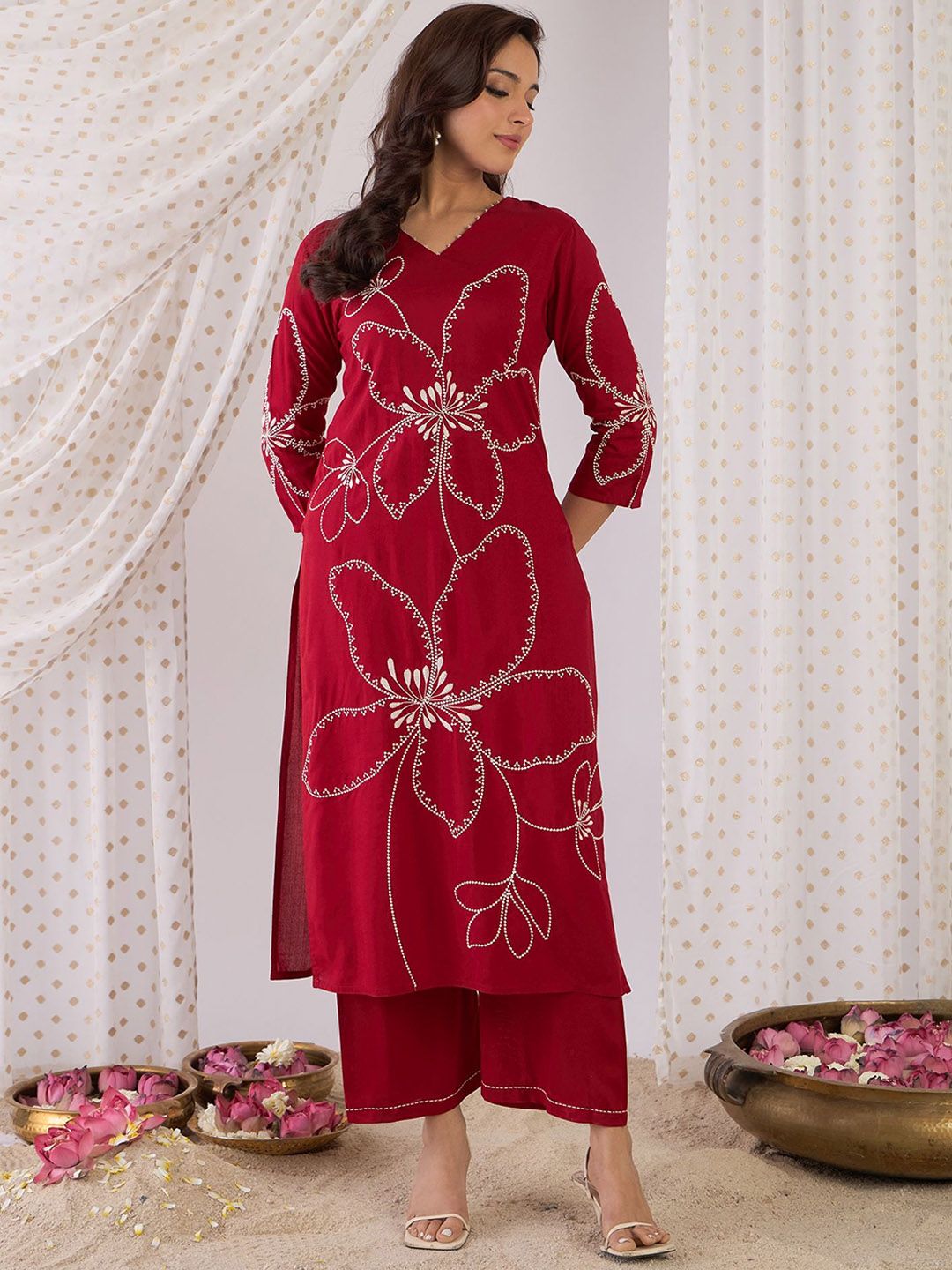 Indo Era Embroidered Three-Quarter Sleeves Tunic With Palazzo