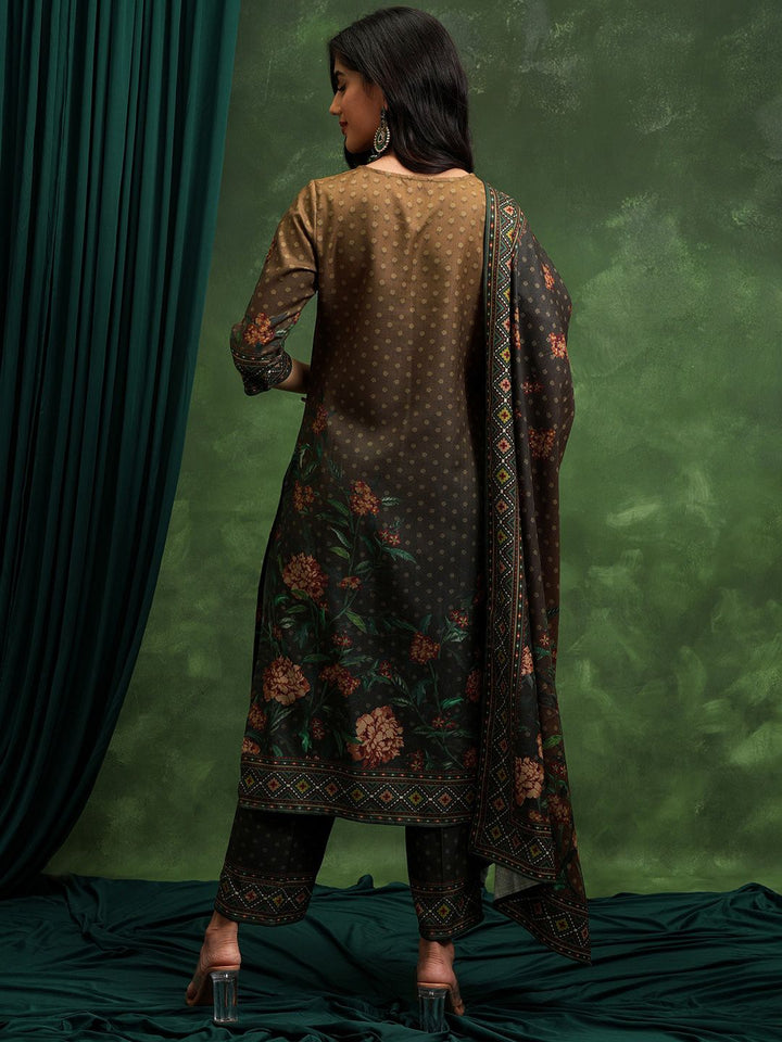 Vishudh Brown Floral Printed Regular Kurta with Trousers & Dupatta