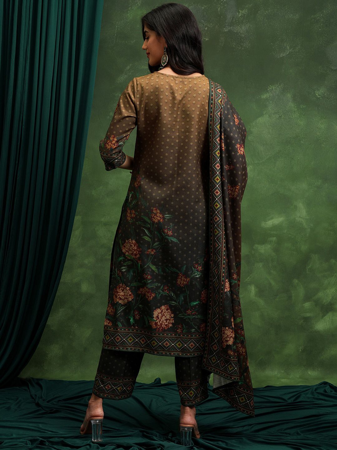 Vishudh Brown Floral Printed Regular Kurta with Trousers & Dupatta