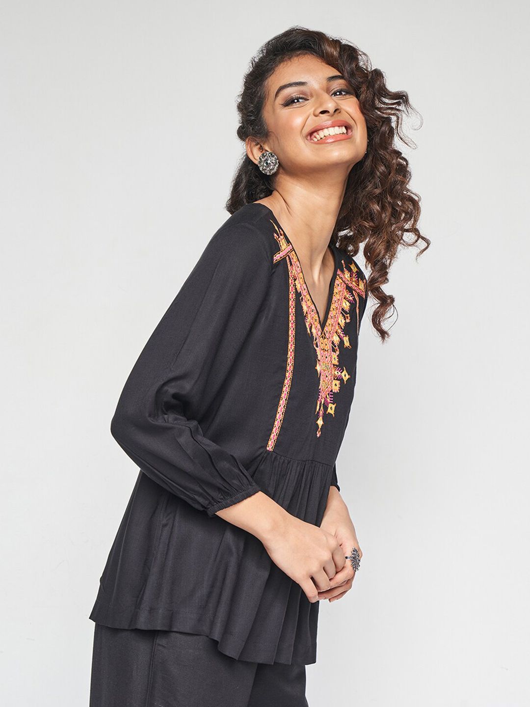 Global Desi Floral Embroidered A-Line Top