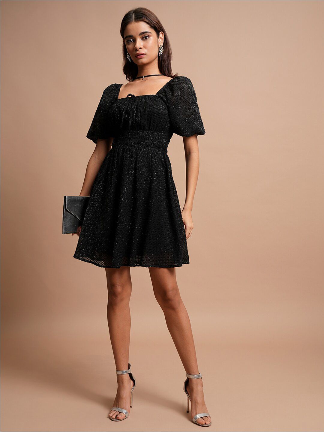 Tokyo Talkies Black Self Design A-Line Dress