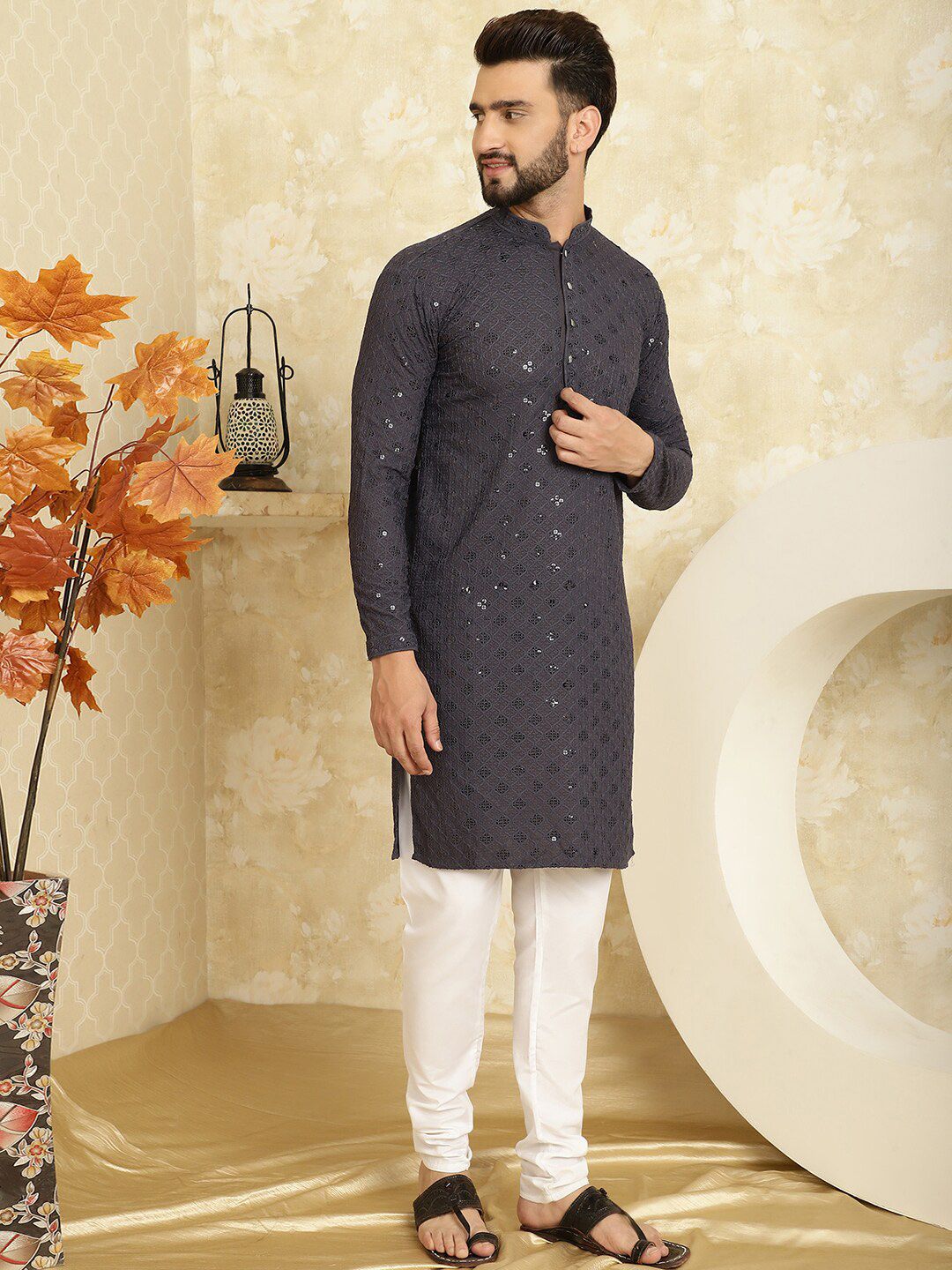 SOJANYA Embroidered Regular Sequinned Pure Cotton Kurta With Churidar