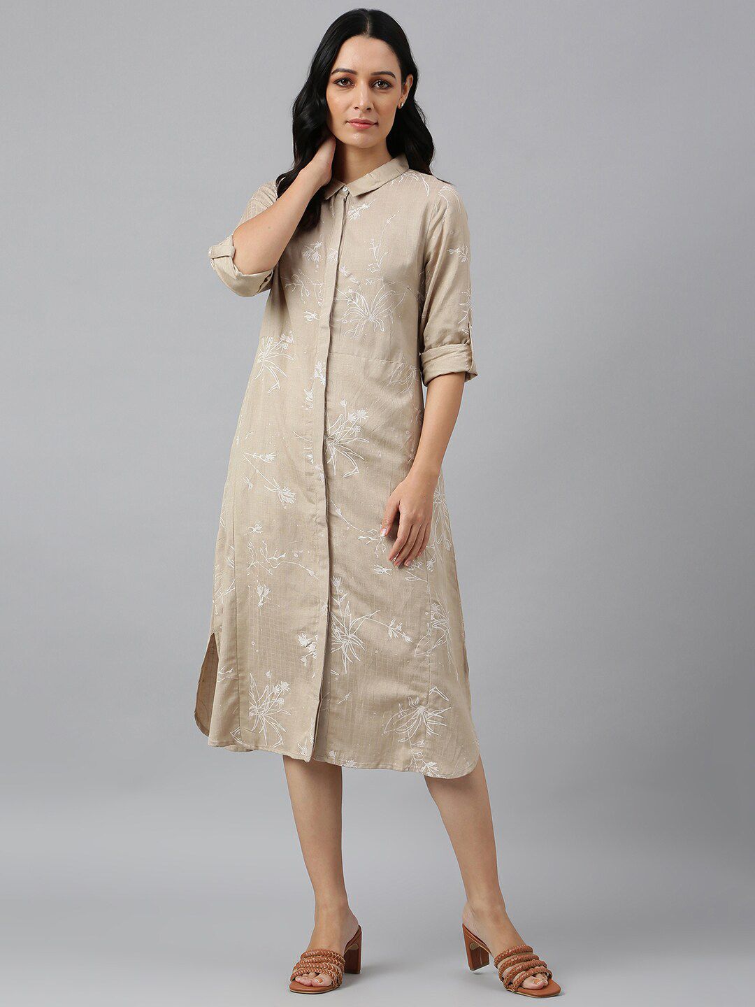 W Brown Floral Shirt Midi Dress