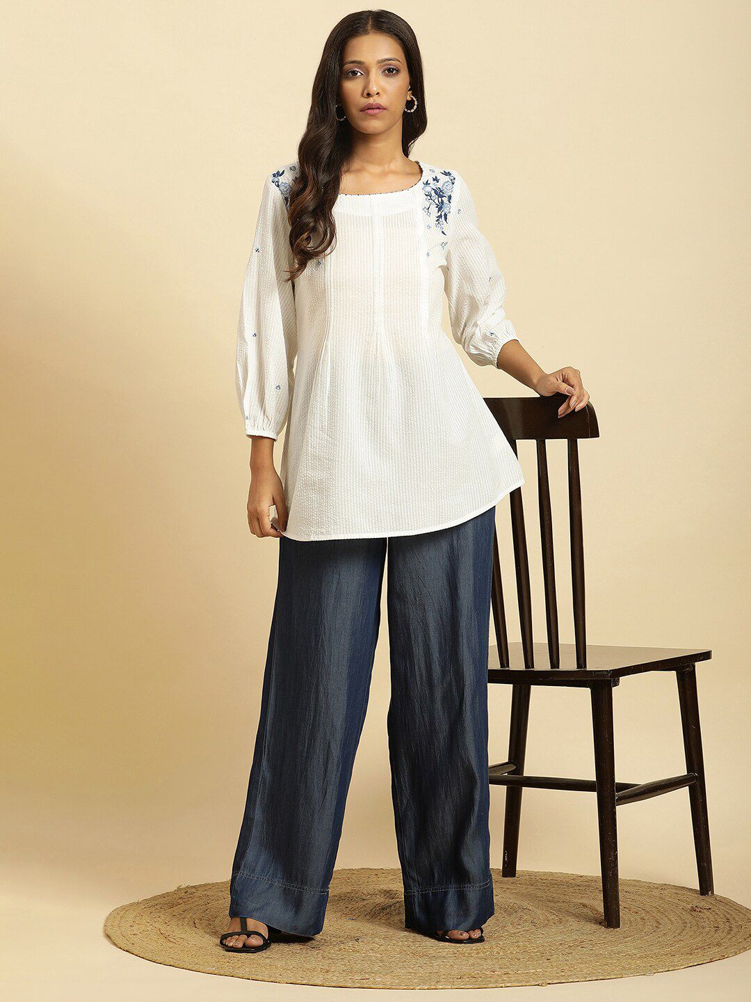 W Self Designed Puff Sleeves Pure Cotton A-Line Top