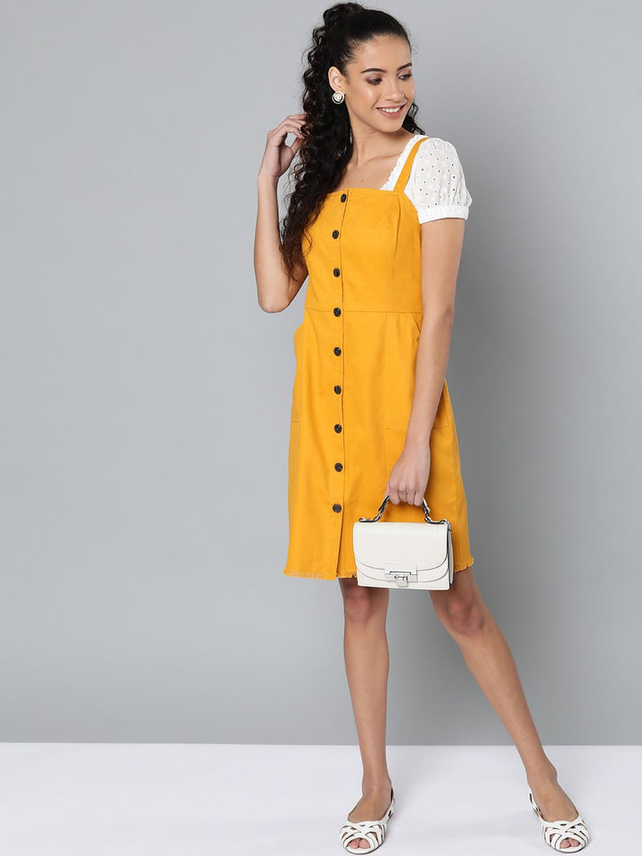 STREET 9 Women Mustard Yellow Solid Pinafore Dress