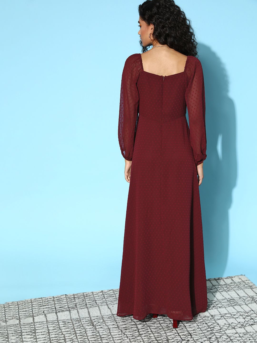 Berrylush Women Stunning Maroon Self-Design Peekaboo Bottom Dress
