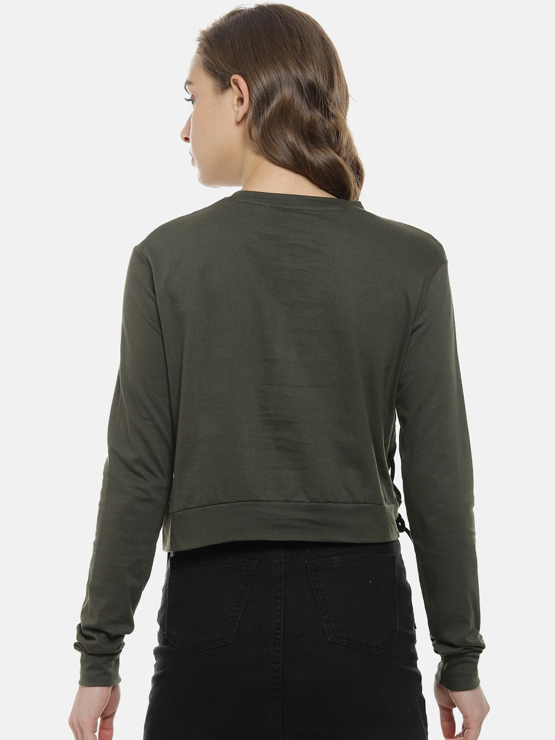 Campus Sutra Women Olive Green Solid Crop Pure Cotton Top