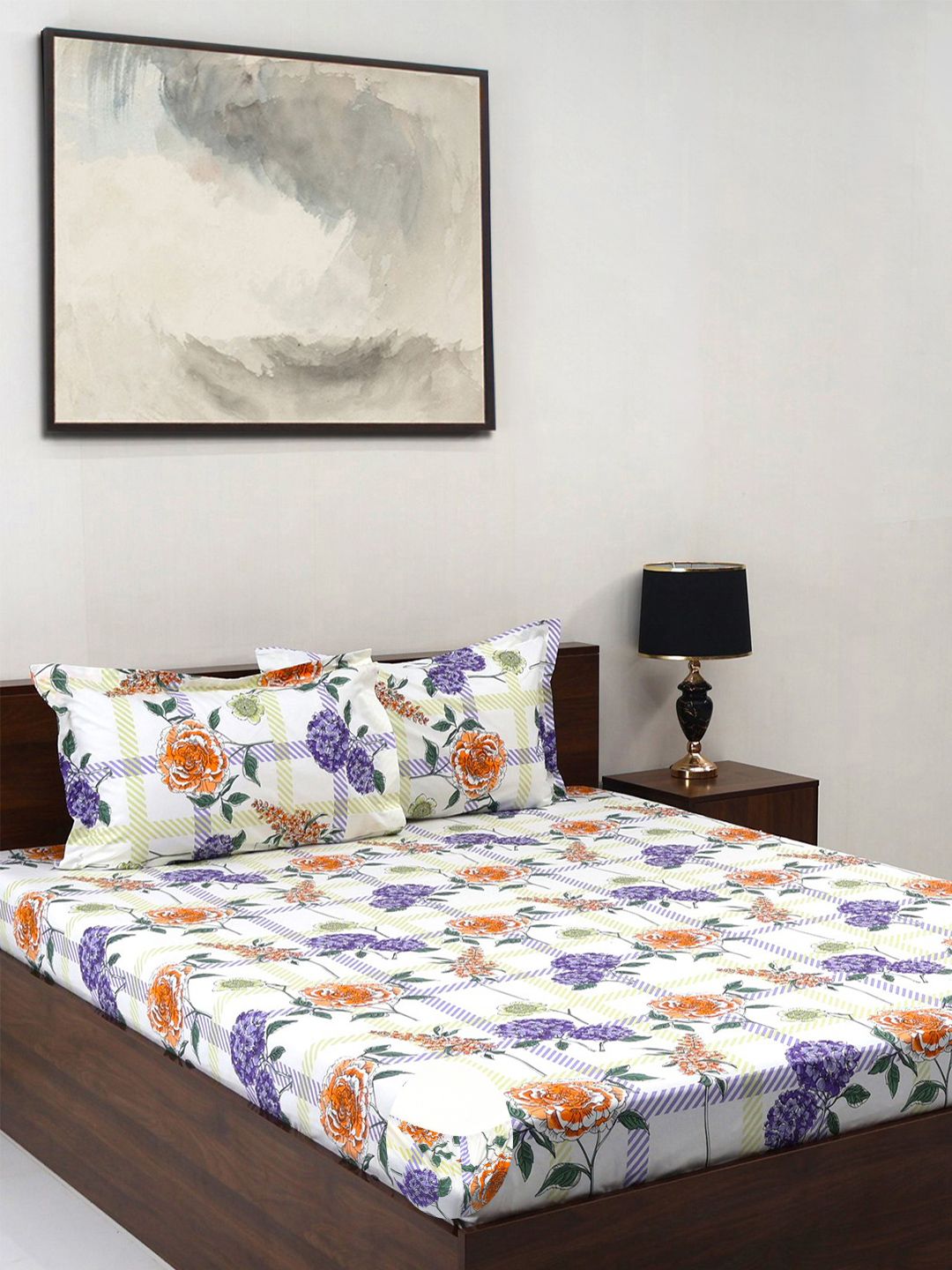 BOMBAY DYEING Allure Purple Floral Cotton 144TC Fitted Bedsheet Set-1.52m X 1.98m X30cm