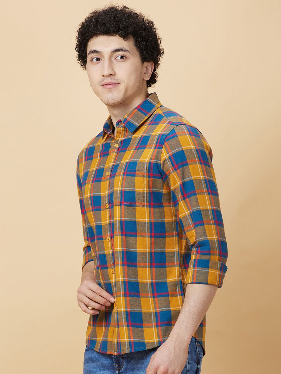 Being Human Men Classic Slim Fit Spread Collar Tartan Checked Cotton Casual Shirt