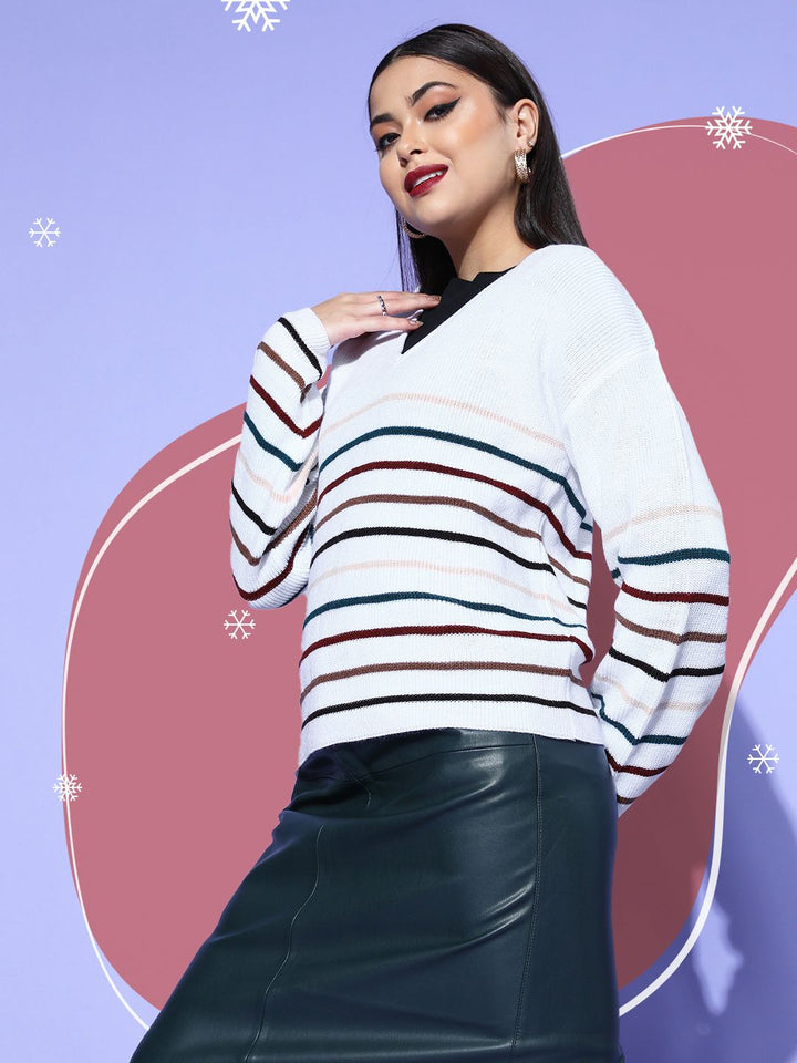 Berrylush Women White Striped Knits Bits Sweater