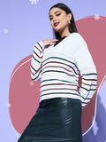 Berrylush Women White Striped Knits Bits Sweater