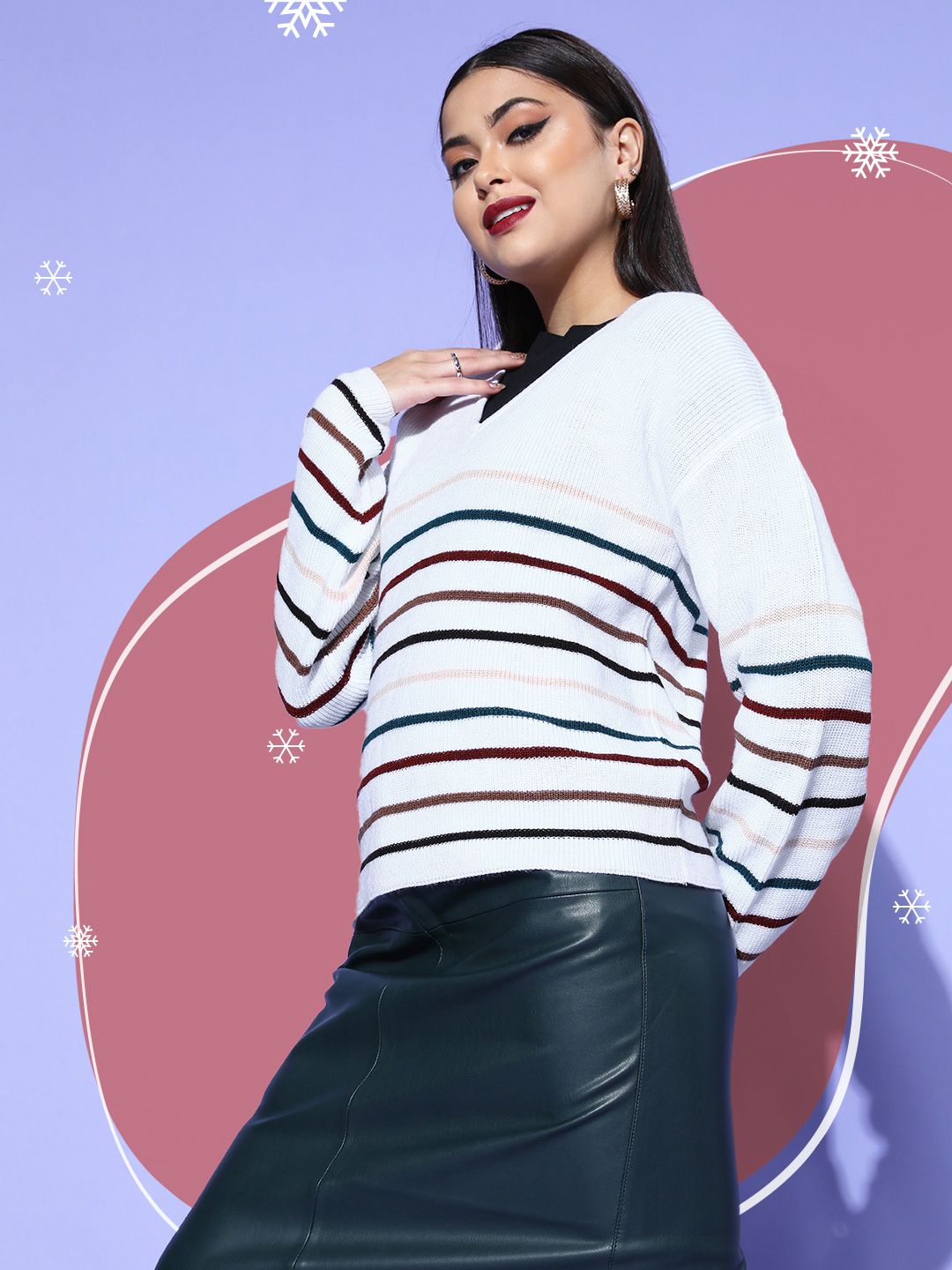 Berrylush Women White Striped Knits Bits Sweater