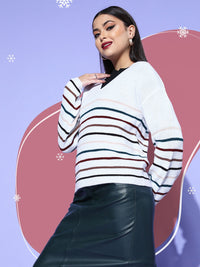 Berrylush Women White Striped Knits Bits Sweater