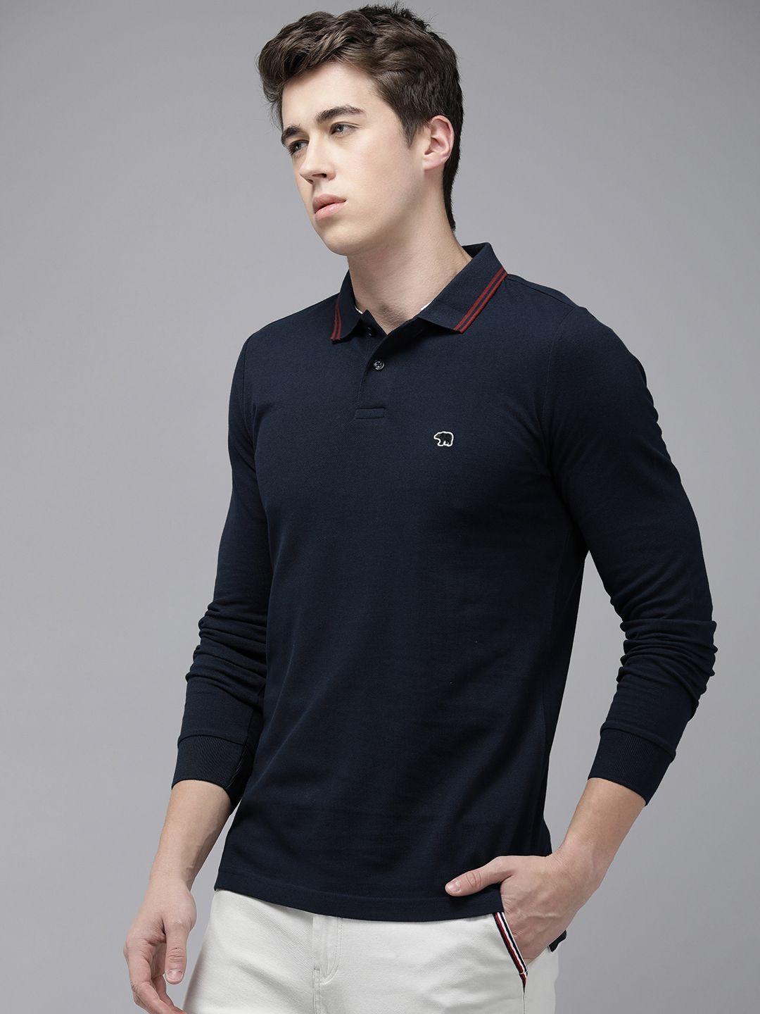 THE BEAR HOUSE Pure Cotton Polo Collar Applique Slim Fit T-shirt