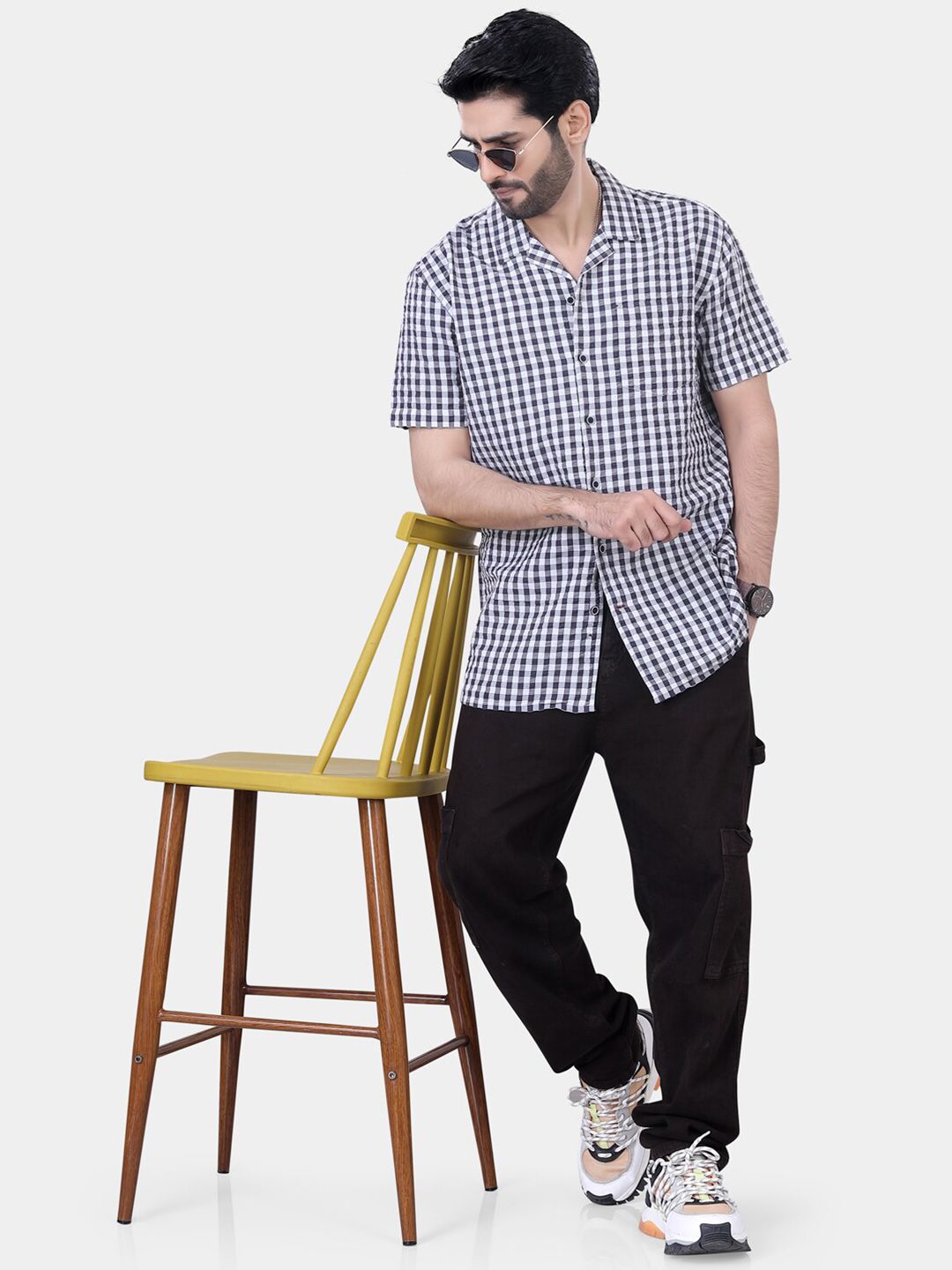 VASTRADO Classic Gingham Checked Lapel Collar Drop-Shoulder Sleeves Oversized Casual Shirt