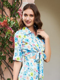 Athena Blue Floral Printed Front Knot Detail Crepe Shirt Style Crop Top