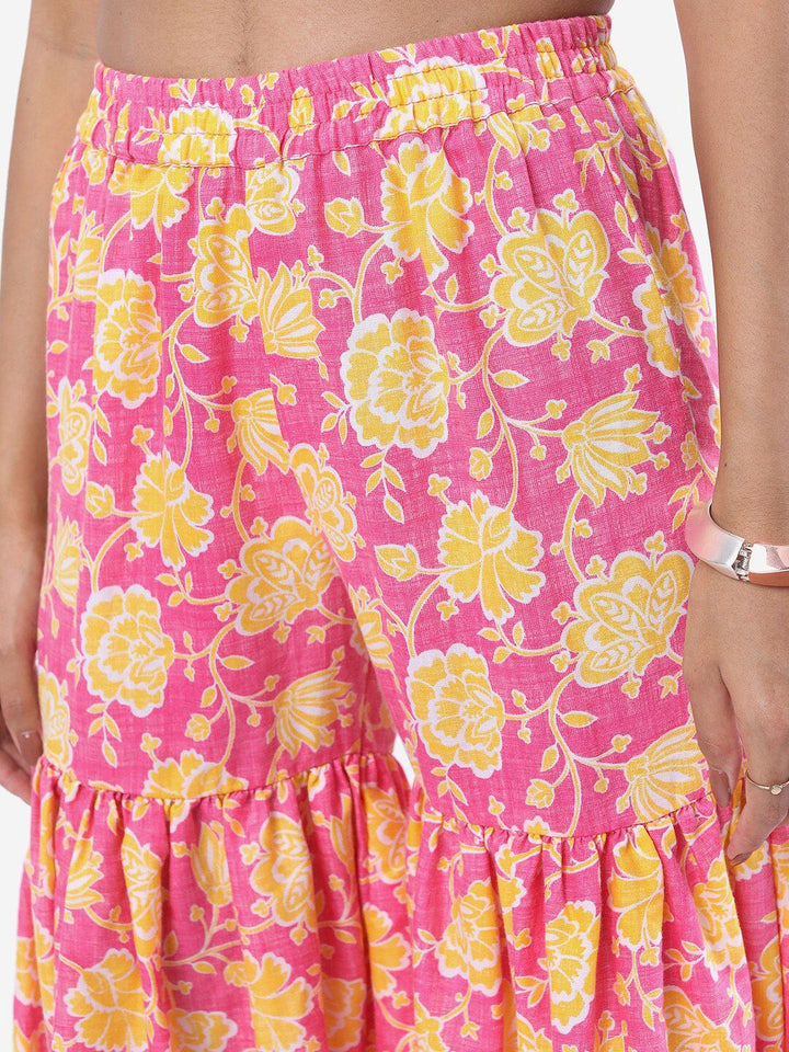 Vishudh Pink & Yellow Floral Printed Shoulder Straps Kurti With Sharara &  Dupatta