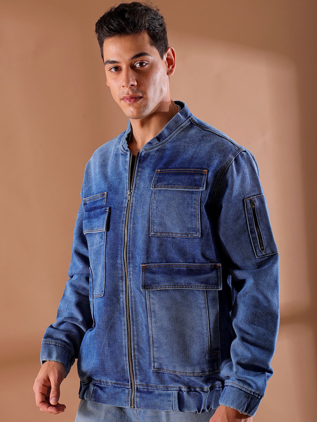 The Indian Garage Co Men Washed Outdoor Denim Jacket with Embroidered